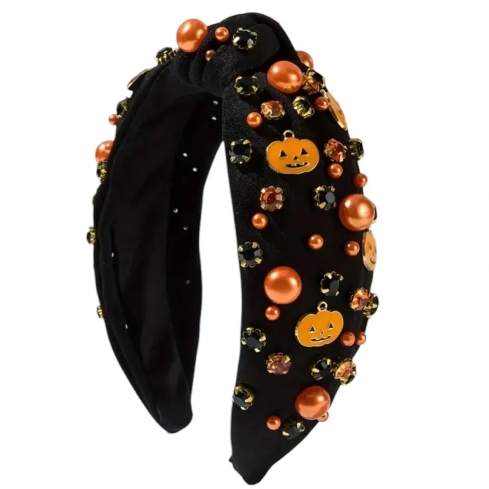 Black Halloween Jack o Lantern & Rhinestone Embellished Headband